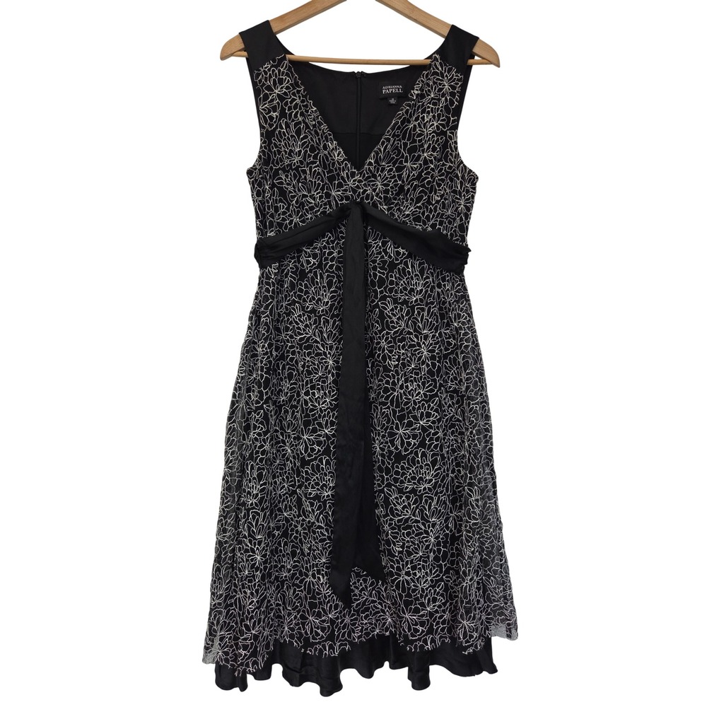 Vtg Adrianna Papell Cocktail Dress Floral Embroidered Silk Sash Womens 12 Black